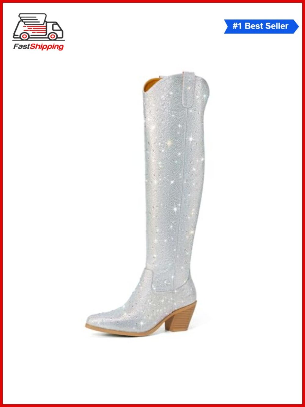 Rhinestone Over the Knee Cowboy Boots Pointed Toe Block Heel Women